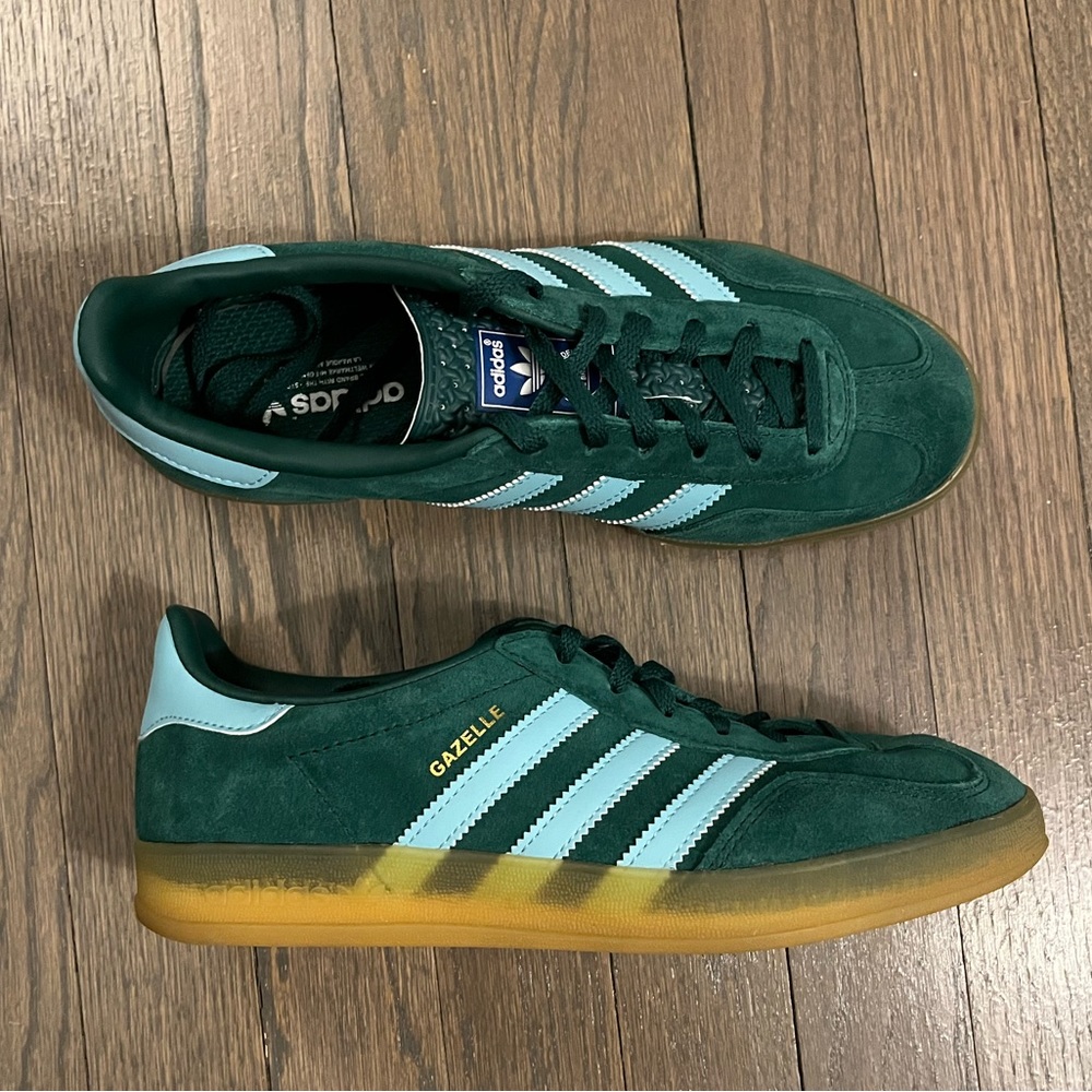 Blue and green adidas gazelles